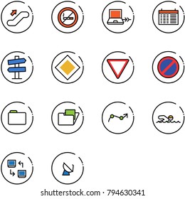 line vector icon set - escalator up vector, no smoking sign, netabook connect, schedule, road signpost, main, giving way, parking, folder, chart point arrow, swimming, data exchange