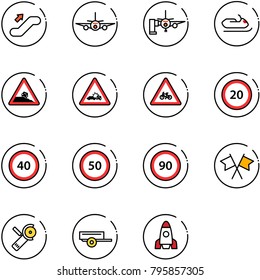 line vector icon set - escalator up vector, plane, boarding passengers, snowmobile, steep roadside road sign, car crash, for moto, speed limit 20, 40, 50, 90, flags cross, Angular grinder, trailer
