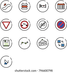 line vector icon set - escalator up vector, sign post, hotel, schedule, giving way road, limited distance, end speed limit, no parking, save, chart point arrow, open, data exchange