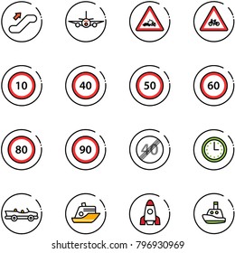 line vector icon set - escalator up vector, plane, car crash road sign, for moto, speed limit 10, 40, 50, 60, 80, 90, end, time, cabrio, cruiser, rocket, toy boat