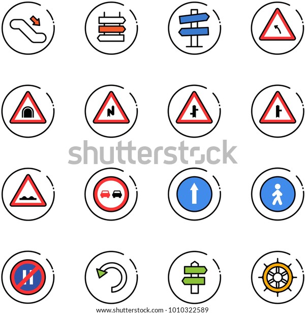 line\
vector icon set - escalator down vector, sign post, road signpost,\
turn left, tunnel, abrupt right, intersection, rough, no overtake,\
only forward, pedestrian way, parking even,\
undo