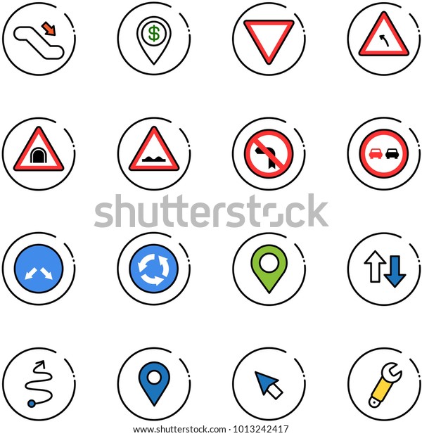 line\
vector icon set - escalator down vector, dollar pin, giving way\
road sign, turn left, tunnel, rough, no, overtake, detour, circle,\
map, up arrows, trip, navigation, cursor,\
wrench