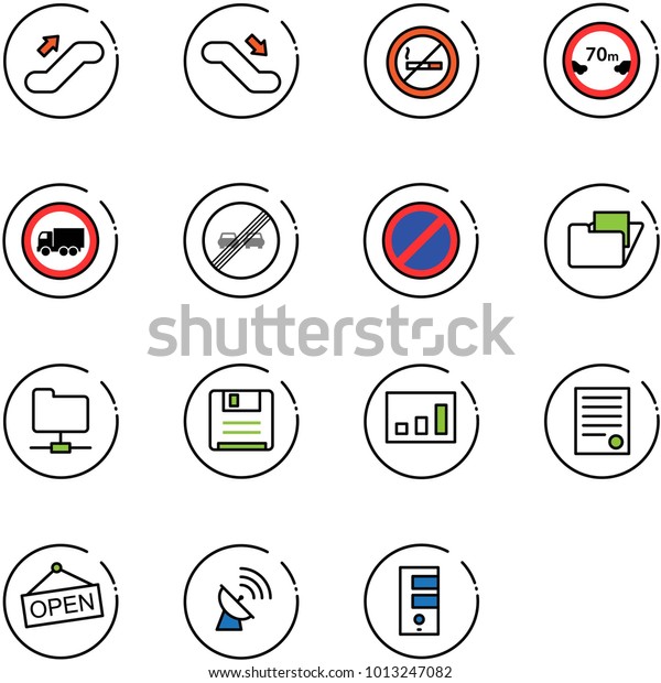 line vector icon set - escalator up vector, down,\
no smoking sign, limited distance road, truck, end overtake limit,\
parking, folder, network, save, statistics, agreement, open,\
satellite antenna