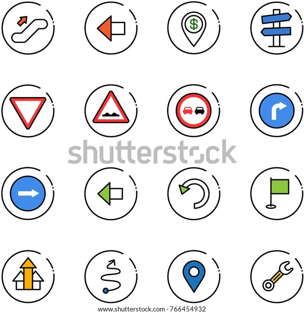 line vector icon\
set - escalator up vector, left arrow, dollar pin, road signpost\
sign, giving way, rough, no overtake, only right, undo, flag,\
arrows, trip, navigation,\
wrench