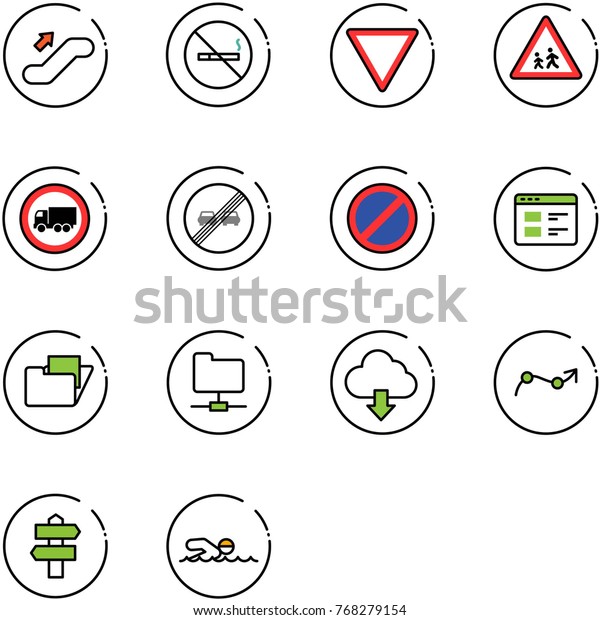 line vector icon set - escalator up vector, no\
smoking sign, giving way road, children, truck, end overtake limit,\
parking, website, folder, network, download cloud, chart point\
arrow, signpost