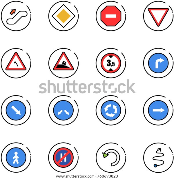 line\
vector icon set - escalator up vector, main road sign, no way,\
giving, turn left, steep roadside, limited height, only right,\
detour, circle, pedestrian, parking even, undo,\
trip