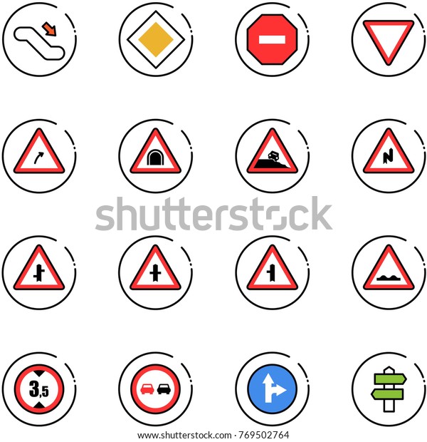 line vector icon set - escalator down vector,\
main road sign, no way, giving, turn right, tunnel, steep roadside,\
abrupt, intersection, rough, limited height, overtake, only\
forward, signpost