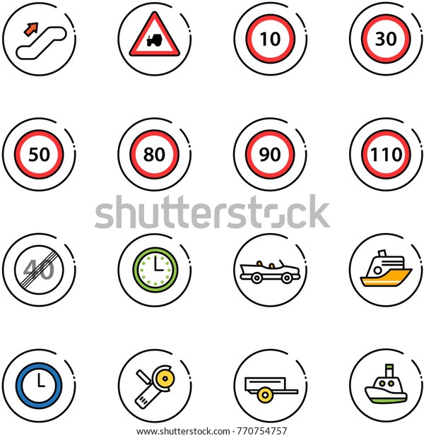 line vector icon set -\
escalator up vector, tractor way road sign, speed limit 10, 30, 50,\
80, 90, 110, end, time, cabrio, cruiser, clock, Angular grinder,\
trailer, toy boat