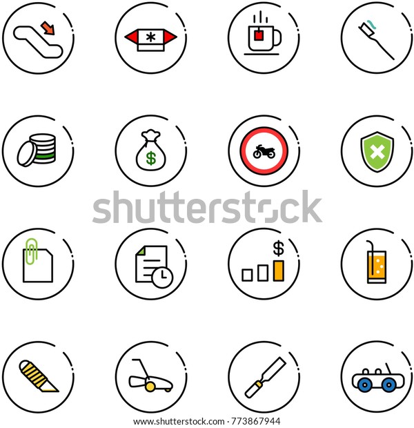 line vector icon set - escalator down vector, candy,\
tea, tooth brush, coin, money bag, no moto road sign, shield cross,\
attachment, history, dollar chart, drink, work knife, lawn mower,\
rasp