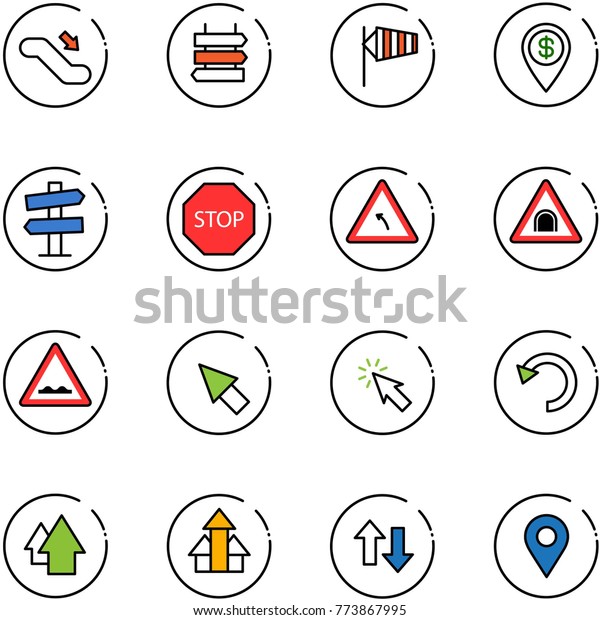 line vector icon set -\
escalator down vector, sign post, side wind, dollar pin, road\
signpost, stop, turn left, tunnel, rough, cursor, undo, arrow up,\
arrows, navigation