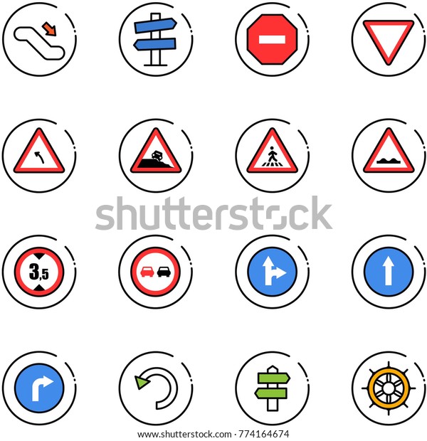 line vector icon set - escalator down vector, road\
signpost sign, no way, giving, turn left, steep roadside,\
pedestrian, rough, limited height, overtake, only forward right,\
undo, hand wheel
