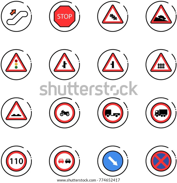 line vector icon set - escalator up vector, stop\
road sign, multi lane traffic, steep descent, light, intersection,\
railway, rough, no moto, trailer, truck, speed limit 110, overtake,\
detour
