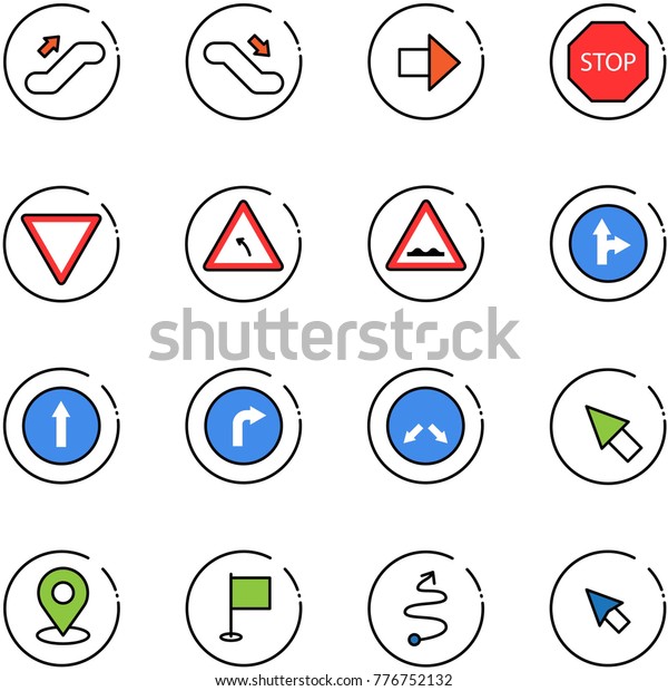 line vector icon set - escalator up\
vector, down, right arrow, stop road sign, giving way, turn left,\
rough, only forward, detour, cursor, map pin, flag,\
trip