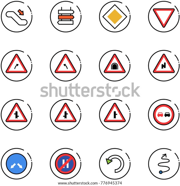 line vector\
icon set - escalator down vector, sign post, main road, giving way,\
turn right, left, tunnel, abrupt, intersection, no overtake,\
detour, parking even, undo,\
trip