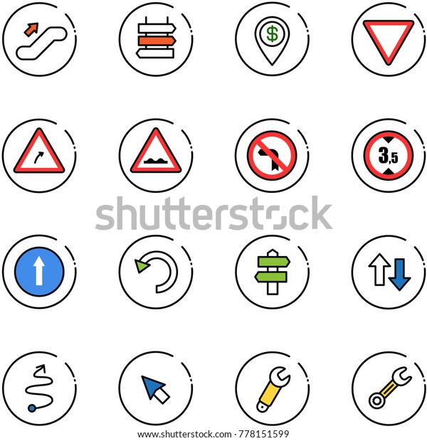 line vector icon set - escalator up vector, sign\
post, dollar pin, giving way road, turn right, rough, no left,\
limited height, only forward, undo, signpost, down arrows, trip,\
cursor, wrench