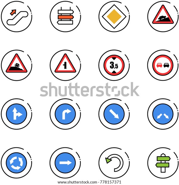 line vector\
icon set - escalator up vector, sign post, main road, climb, steep\
roadside, intersection, limited height, no overtake, only forward\
right, detour, circle, undo,\
signpost