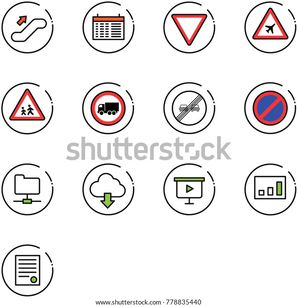 line vector icon set - escalator up vector,\
schedule, giving way road sign, airport, children, no truck, end\
overtake limit, parking, network folder, download cloud,\
presentation board,\
statistics