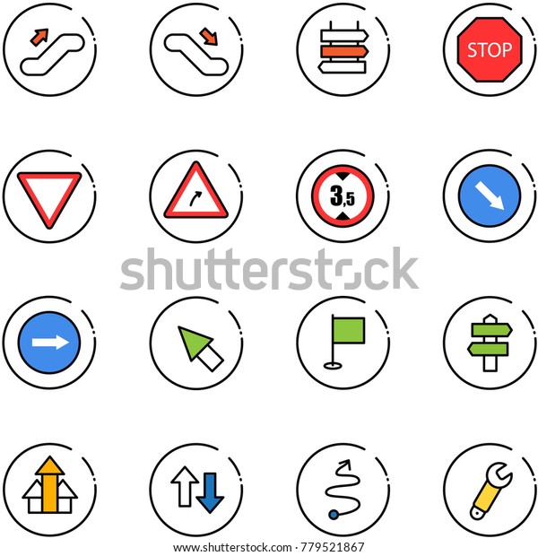 line vector icon set -\
escalator up vector, down, sign post, stop road, giving way, turn\
right, limited height, detour, only, cursor, flag, signpost,\
arrows, trip, wrench