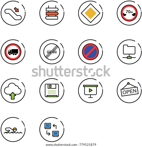 line vector icon set - escalator down vector,\
sign post, main road, limited distance, no truck, end overtake\
limit, parking, network folder, upload cloud, save, presentation\
board, open, swimming