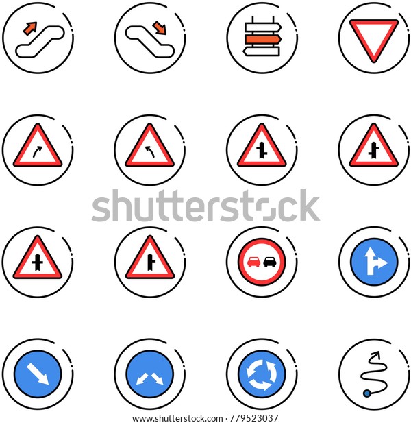 line vector icon set - escalator up\
vector, down, sign post, giving way road, turn right, left,\
intersection, no overtake, only forward, detour, circle,\
trip