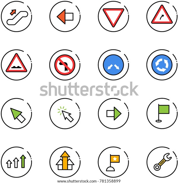 line vector icon set - escalator up vector, left\
arrow, giving way road sign, turn right, rough, no, detour, circle,\
cursor, flag, arrows,\
wrench