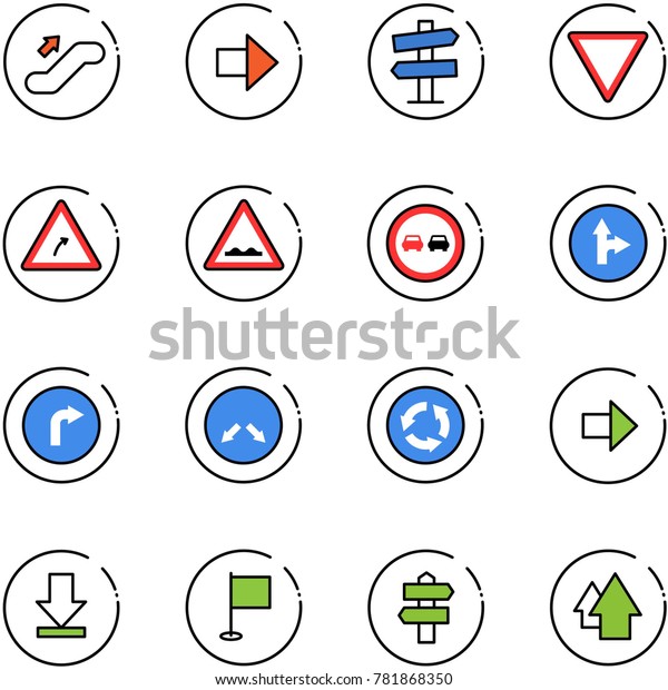 line vector icon set - escalator\
up vector, right arrow, road signpost sign, giving way, turn,\
rough, no overtake, only forward, detour, circle, download,\
flag