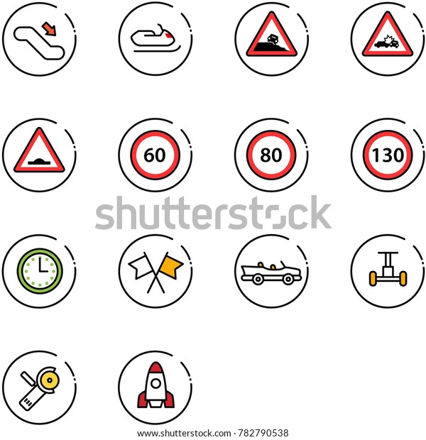 line vector icon set - escalator down vector,\
snowmobile, steep roadside road sign, car crash, artificial\
unevenness, speed limit 60, 80, 130, time, flags cross, cabrio,\
gyroscope, Angular\
grinder