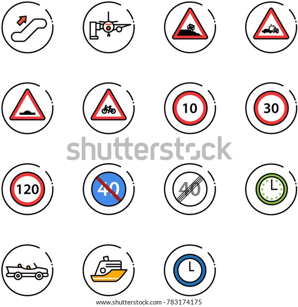 line vector icon set - escalator up vector,\
boarding passengers, steep roadside road sign, car crash,\
artificial unevenness, for moto, speed limit 10, 30, 120, end\
minimal, time, cabrio,\
cruiser