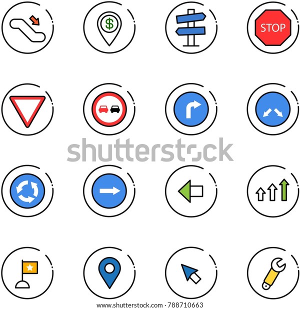 line vector icon set - escalator down vector,\
dollar pin, road signpost sign, stop, giving way, no overtake, only\
right, detour, circle, left arrow, arrows up, flag, navigation,\
cursor, wrench