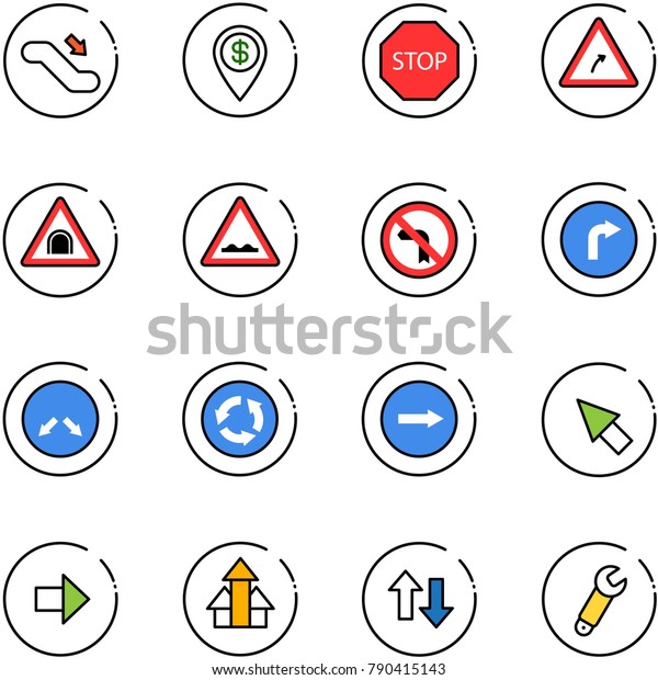line vector icon set -\
escalator down vector, dollar pin, stop road sign, turn right,\
tunnel, rough, no left, only, detour, circle, cursor, arrow, arrows\
up, wrench