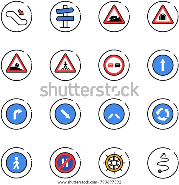 line vector icon set - escalator down vector, road\
signpost sign, climb, tunnel, steep roadside, pedestrian, no\
overtake, only forward, right, detour, circle, way, parking even,\
hand wheel, trip