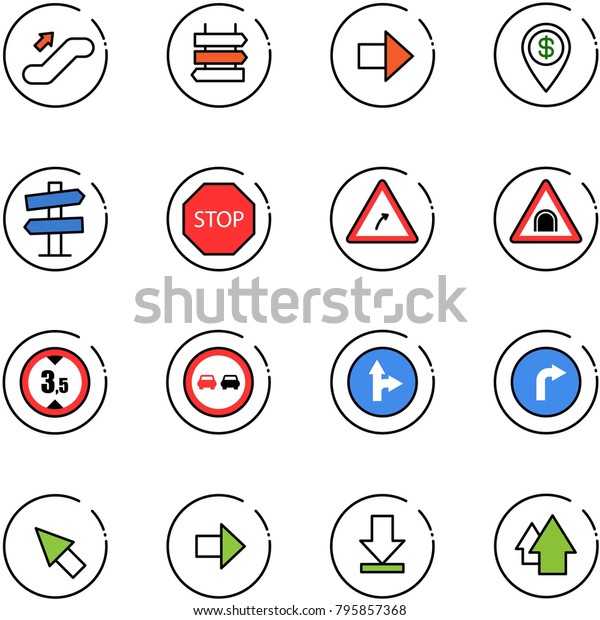 line vector icon\
set - escalator up vector, sign post, right arrow, dollar pin, road\
signpost, stop, turn, tunnel, limited height, no overtake, only\
forward, cursor, download