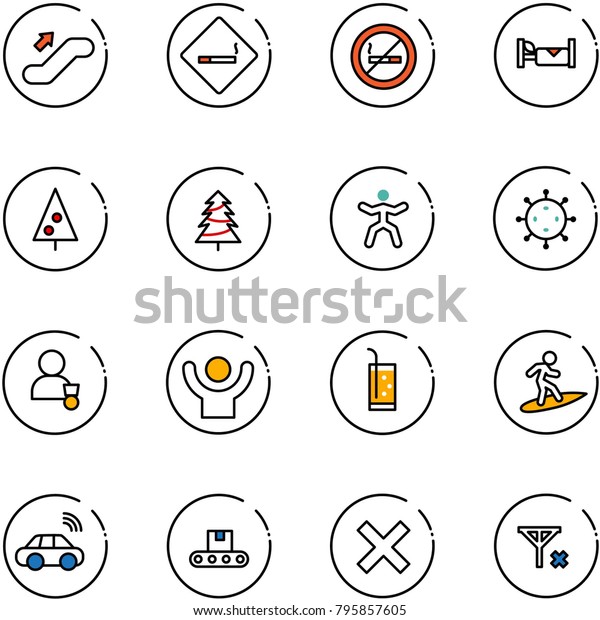 line\
vector icon set - escalator up vector, smoking area sign, no,\
hotel, christmas tree, gymnastics, virus, winner, success, drink,\
surfing, car wireless, conveyor, delete,\
signal