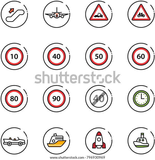 line vector icon set -\
escalator up vector, plane, car crash road sign, for moto, speed\
limit 10, 40, 50, 60, 80, 90, end, time, cabrio, cruiser, rocket,\
toy boat