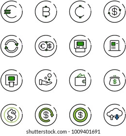 line vector icon set - euro vector, bitcoin, cent, dollar exchange, atm, cash pay, wallet, purse, reload, cloud data