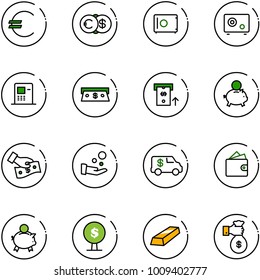 line vector icon set - euro vector, dollar, safe, atm, cash, piggy bank, pay, encashment car, wallet, money tree, gold, rich