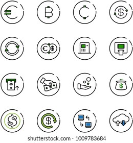 line vector icon set - euro vector, bitcoin, cent, dollar exchange, atm, cash pay, purse, reload, data, cloud