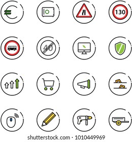 line vector icon set - euro vector, safe, Road narrows sign, speed limit 130, no bus, end, monitor cursor, shield, arrows up, cart, speaker horn, flip flops, mouse wireless, pencil, drill machine