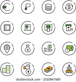 line vector icon set - euro vector, ruble, coin, dollar exchange, safe, atm, pin, money bag, investment, wallet time, building, rich, bank