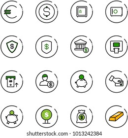 line vector icon set - euro vector, dollar coin, safe, account, atm, piggy bank, card pay, money tree, bag, gold