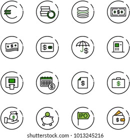 line vector icon set - euro vector, coin, dollar, cash, credit card, atm, calendar, account statement, money case, investment, piggy bank, ipo, finance management