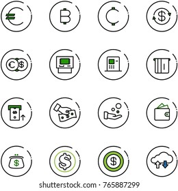line vector icon set - euro vector, bitcoin, cent, dollar exchange, atm, cash pay, wallet, purse, cloud data