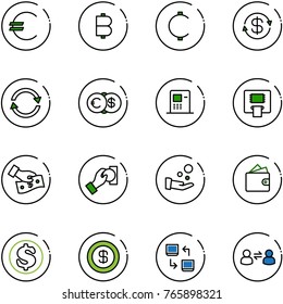 line vector icon set - euro vector, bitcoin, cent, dollar exchange, atm, cash pay, wallet, data, information