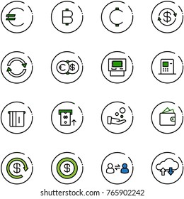 line vector icon set - euro vector, bitcoin, cent, dollar exchange, atm, cash pay, wallet, reload, information, cloud data