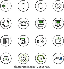 line vector icon set - euro vector, bitcoin, cent, dollar exchange, atm, cash pay, wallet, purse, reload, information