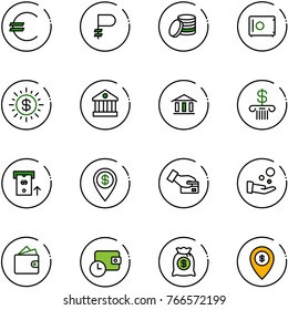 line vector icon set - euro vector, ruble, coin, safe, dollar sun, bank, atm, pin, card pay, cash, wallet, time, money bag, map