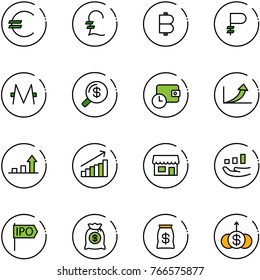 line vector icon set - euro vector, pound, bitcoin, ruble, monero, money search, wallet time, growth arrow, store, ipo, bag, dollar