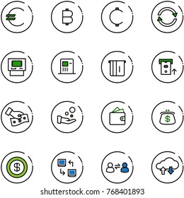 line vector icon set - euro vector, bitcoin, cent, exchange, atm, cash pay, wallet, purse, dollar, data, information, cloud