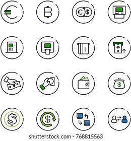 line vector icon set - euro vector, bitcoin, dollar, atm, cash pay, wallet, purse, reload, data exchange, information