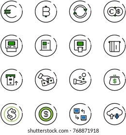 line vector icon set - euro vector, bitcoin, exchange, dollar, atm, cash pay, purse, data, cloud